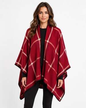 Just Cozy Poncho Scarf Red White Plaid Wrap Shawl NWT One Size Blanket Cape